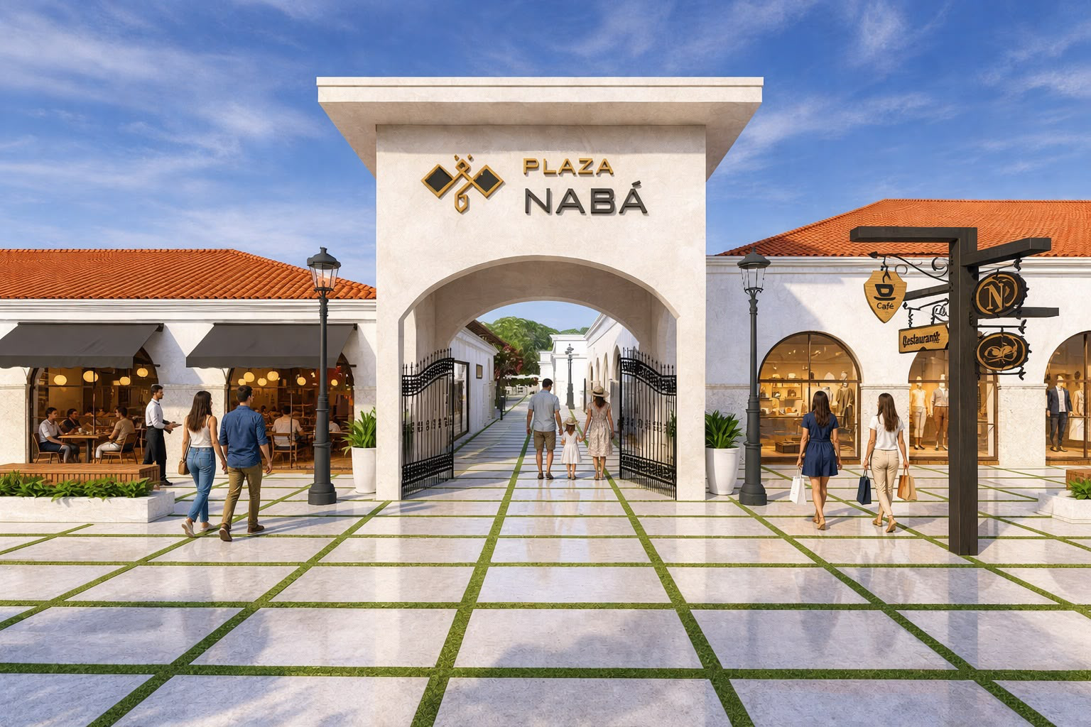 Visualización arquitectónica de la entrada de Plaza Nabá